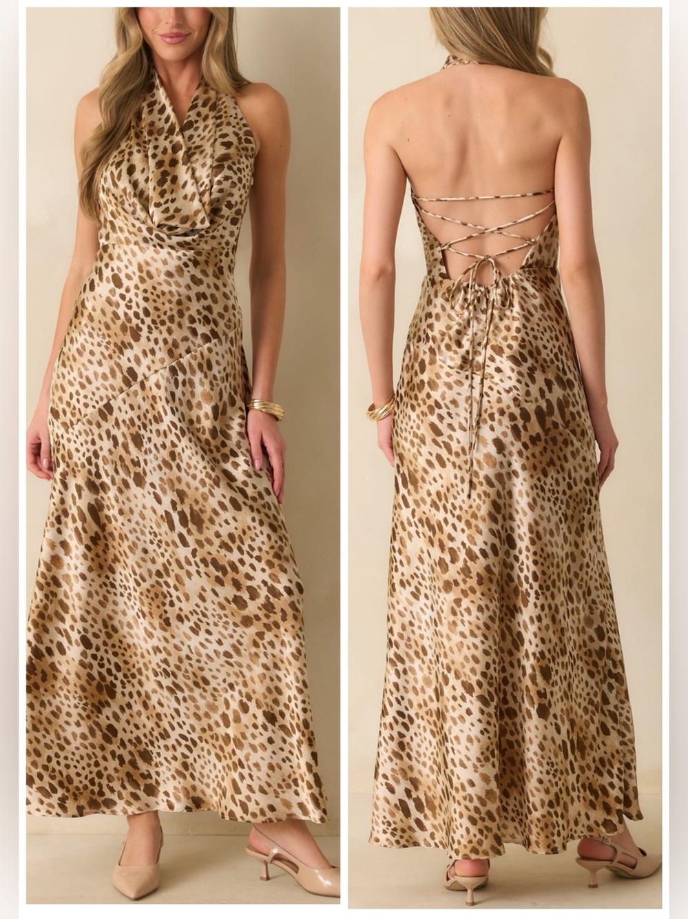 NWT Dress Forum In Case You Forgot Leopard Satin Halter Maxi Dress Sz L